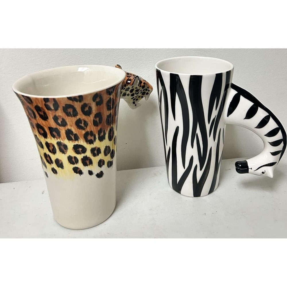 Lot Of 2 World Market Zebra Head Handle Blue Witch Leopard coffee mug Jungle